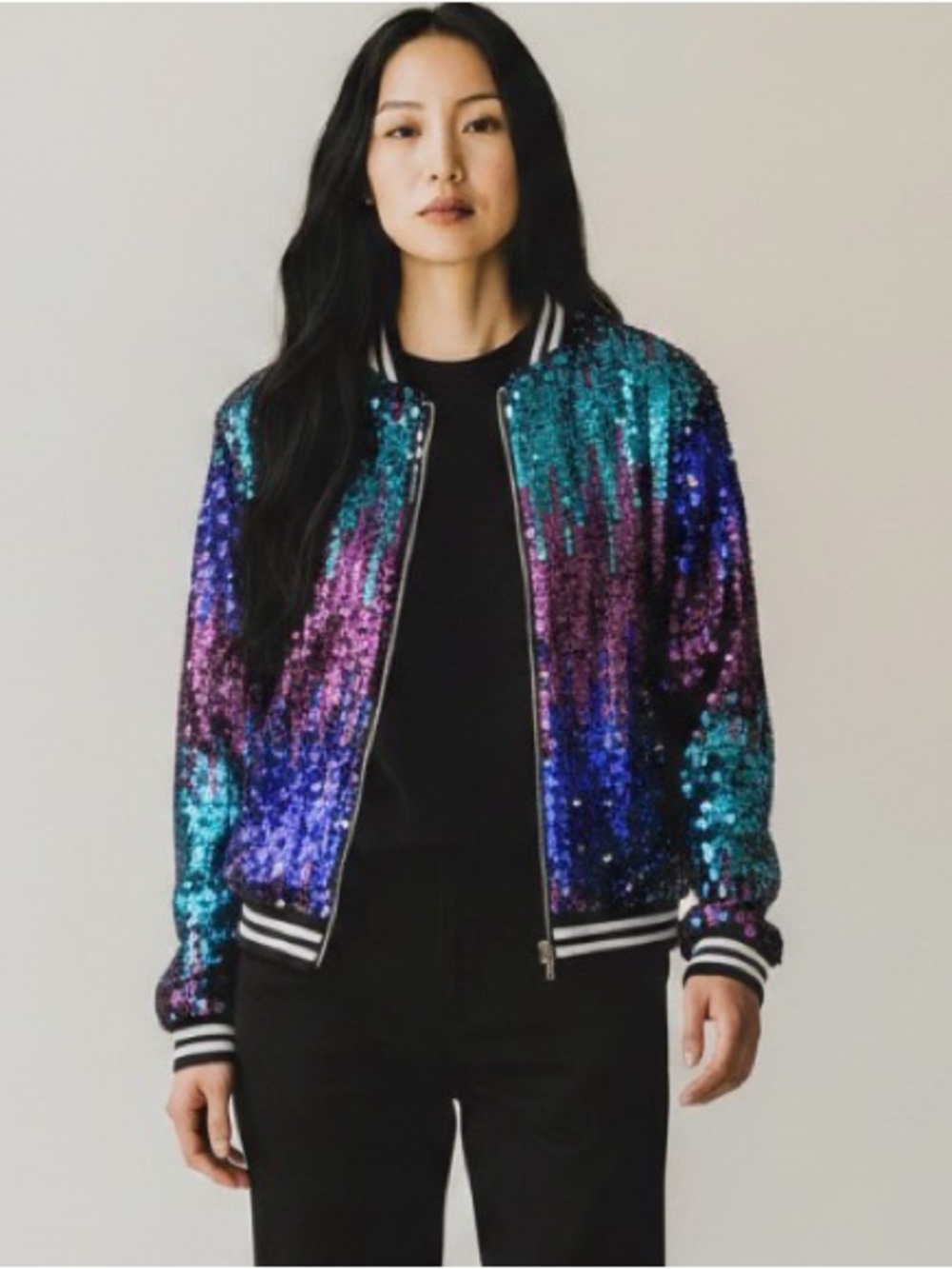 Yutuwomsfushi Sequin Bomber Jacket Multicolor Ombré  Zip Up Size S Sparkle Party